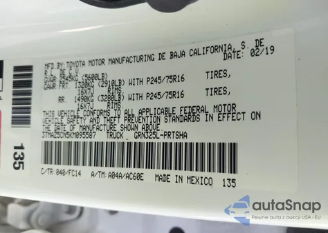 2019 Toyota Tacoma Sr5 V6 from USA, damaged, VIN 3TMAZ5CN5KM095587